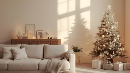 Cozy living room decorated for Christmas with a beautifully lit tree soft sofa and warm sunlight casting shadows perfect for holiday greetings winter home decor and festive interior design concepts