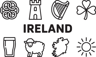 Ireland vector icon set with country map, castle, harp, and cultural symbols