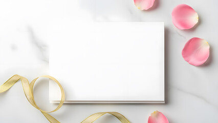 Blank white card with gold ribbon and pink rose petals on a marble background