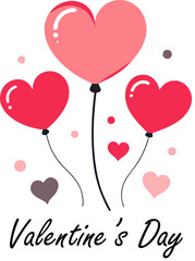 Happy valentines day balloon illustration featuring pink and red heart shapes with decorative floating confetti and elegant script lettering on transparent background for party decor