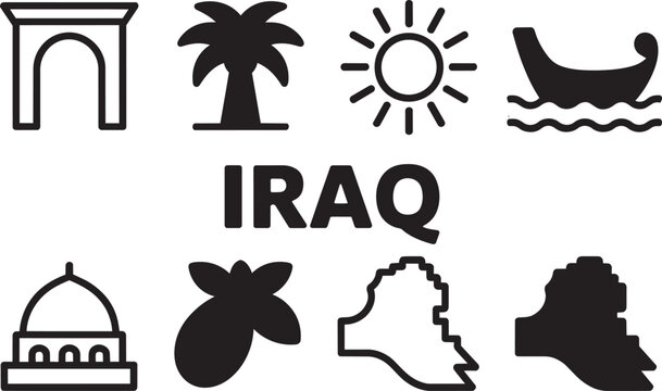 Iraq vector icon set with country map and famous landmarks for travel and tourism