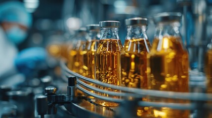 Automated Bottling Line in Laboratory with Glass Bottles and Scientists in Masks