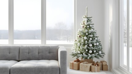 Festively decorated Christmas tree with snow adorned with ornaments and gifts set in a bright modern living room with large windows overlooking a winter landscape perfect for holiday season greetings 