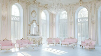 Naklejka premium Grand hall pink sofas, ornate gold details, high arches, flooded with sunlight