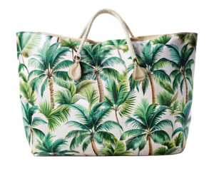 Tropical palm tree print beach bag with rope handles isolated on a transparent background 1