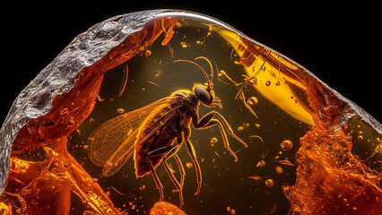 Ancient insect fossilized within a stunning amber gemstone, a window into Earth's prehistoric past.