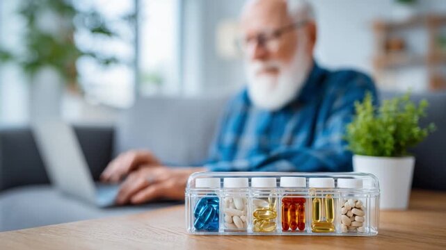 Daily Medication: An elderly man, comfortably seated, uses his laptop while a collection of colorful pills sits in front of him, reminding the viewer of the importance of health and consistent care.