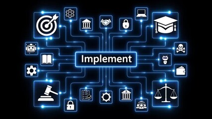 Compliance ensures alignment with standards, laws, and policies. A strong compliance system helps enforce regulation, protect organizations, and improve global compliance transparency. 4k animation.