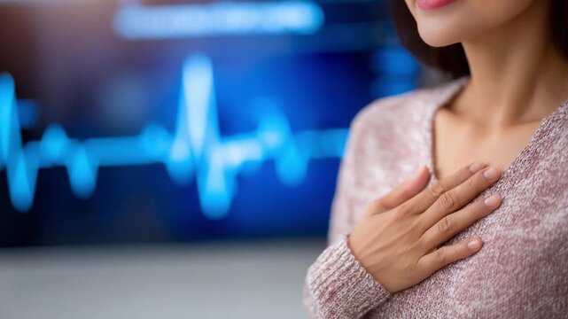 Mindful Touch: A woman tenderly places her hand over her chest, a gesture of self-care and introspection.