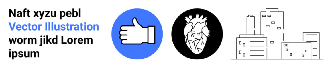 Obraz premium Social media feedback, anatomy, urban planning, design concepts, branding, education. Thumbs-up icon, illustrative heart art cityscape drawing and placeholder text. Social media feedback