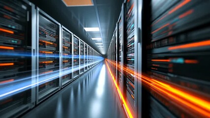 Data center with server racks and fiber optic cables for fast data transfer.