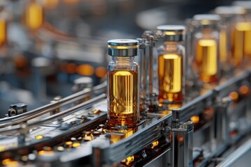 Futuristic Conveyor System with Golden Vials in Sterile Laboratory