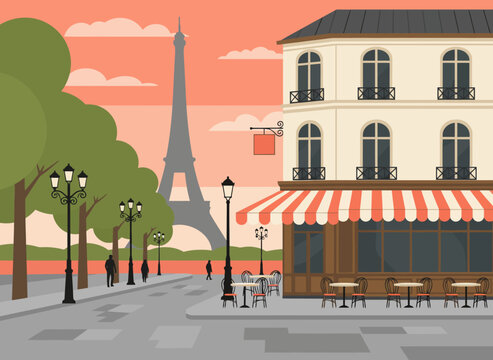 European street cafe scene with classic architecture striped awning and Eiffel Tower for Paris France bistro restaurant travel culture urban cityscape illustration