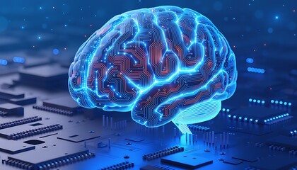 Futuristic glowing human brain illustration with digital circuits on a motherboard with lights
