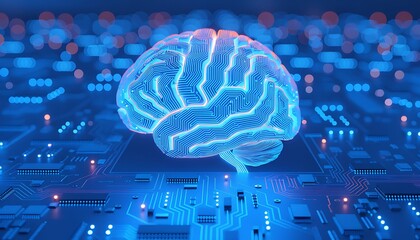 Futuristic glowing blue digital brain illustration on motherboard circuit board with bokeh lights