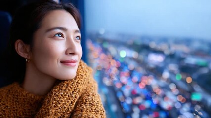 A Moment of Reflection: A serene woman gazes thoughtfully towards a cityscape bathed in soft, atmospheric lighting. Capture a moment of introspection. - Powered by Adobe