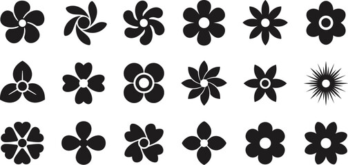 Fototapeta premium Collection of black flower and petal silhouettes with various botanical shapes for floral nature decorative design elements pattern illustration