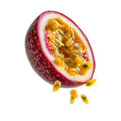 Vibrant half of a ripe passion fruit showcasing its juicy pulp and seeds