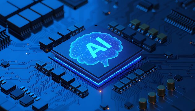 Hyperrealistic Close-up of AI Microchip with Brain Symbol on Blue Circuit Board Background