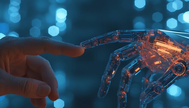 Close-up of human finger reaching towards a transparent robotic hand with glowing circuits, futuristic