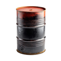 A heavily corroded and rusty industrial metal drum, standing upright, symbolizing oil, waste, and storage.