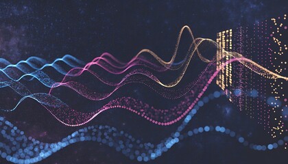 Abstract Digital Data Streams: Glowing Particles Forming Waves and Grids on Dark Background