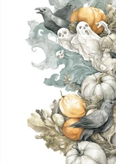 Colorful autumn scene with elegant pumpkins, crows, and playful ghosts in a whimsical watercolor setting