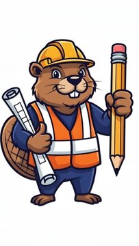 Cartoon beaver construction worker mascot. Vertical video of an engineer character holding a blueprint and pencil on a white background. Building and architecture concept