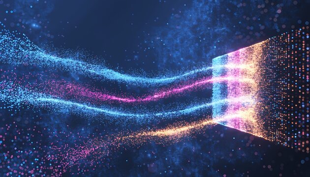Abstract Digital Visualization of Glowing Particles Flowing into a Data Matrix on Dark Background