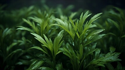 ro view of lush vibrant green foliage glistening with dew drops evoking a sense of fresh organic growth and tranquility