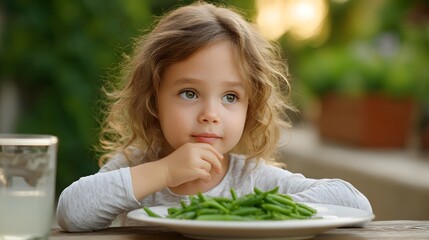 Fototapeta premium A young girl with curly hair looks thoughtfully at a plate of green beans sitting outdoors during golden hour