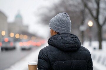 Young man wearing a gray beanie and black jacket stands in the snow, holding a coffee cup, gazing at a blurred city street filled with winter ambiance and soft snowfall