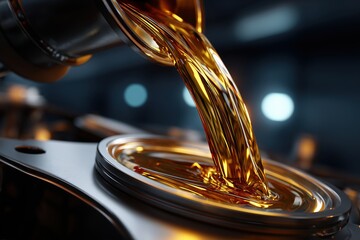 Pouring golden synthetic oil smoothly into a sleek engine component for optimal performance and efficiency in a modern garage