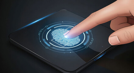 Fingerprint scanning on smartphone screen with futuristic digital interface