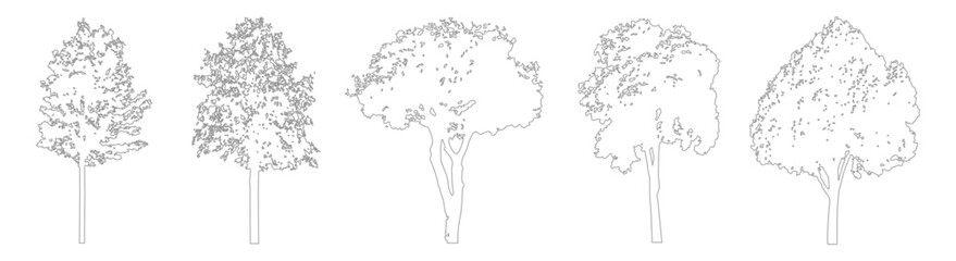 CAD Tree Line Drawings for Architecture, Minimal Side View Vegetation in Landscape Plans