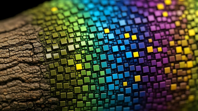 Vibrant digital pixels transforming from organic bark texture in an abstract technological concept - Powered by Adobe