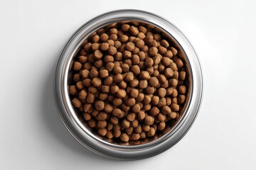 Mid-range dog food fills a shiny silver bowl ready to nourish a happy dog at meal time