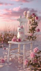 Whimsical scene of a delicate white kitten adorned with a bow, surrounded by blooming roses during sunset light
