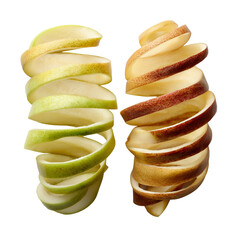 Two spiral apple peels one green one red against a black background
