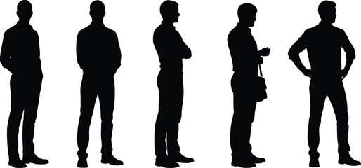 Collection of black silhouettes showing people standing in various poses and angles for design reference human figure body language professional casual lifestyle illustration © Sriyani