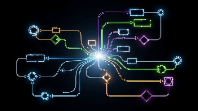 Dynamic digital network connections illustrating data flow, process automation, and technological - Powered by Adobe