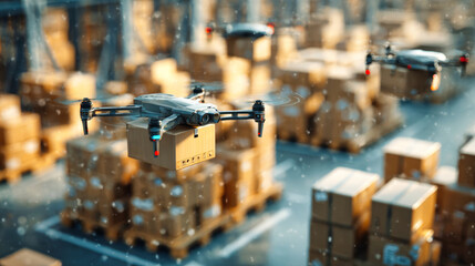 Drones carry cardboard boxes in a large logistics center, showcasing advanced digital warehouse management and automation technology in action