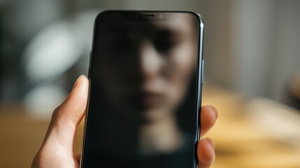 Woman hand holding mobile phone with blurred reflection of face on dark screen. Modern cellular device for communication and digital lifestyle.