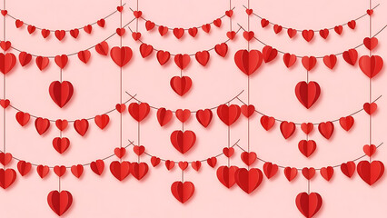Hanging hearts garland red 3D paper hearts seamless pattern Valentine&rsquo;s Day decoration cut out on PNG. AI GENERATED.
