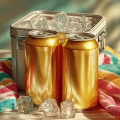 Refreshing summer afternoons with iced tea cans on a sunny day by the cooler