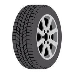Obraz premium Winter tire with detailed tread pattern on silver alloy wheel rim isolated on white background for automotive parts seasonal safety and vehicle maintenance advertisement design