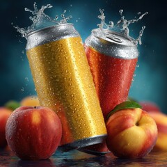 Refreshing peach and apple iced tea cans surrounded by fresh fruit create a vibrant summer scene