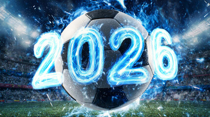A soccer ball moves through the air surrounded by blue and white sparks, displaying the number 2026 against a vibrant stadium scene filled with fans