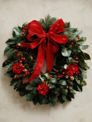 Beautiful oil painting of a festive Christmas wreath adorned with vibrant red ribbon and bright floral accents
