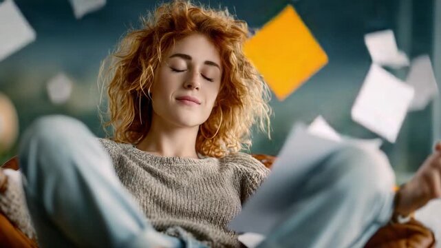 Serene Escape: Amidst falling documents, a woman finds tranquil peace, eyes gently closed, in a moment of calm meditation. 